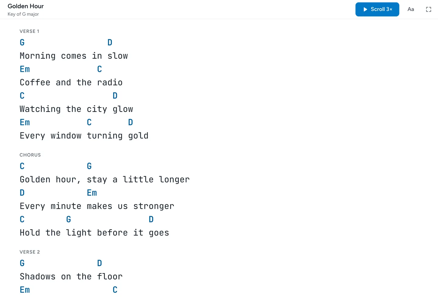 A song in Perform, set large for playing, with autoscroll