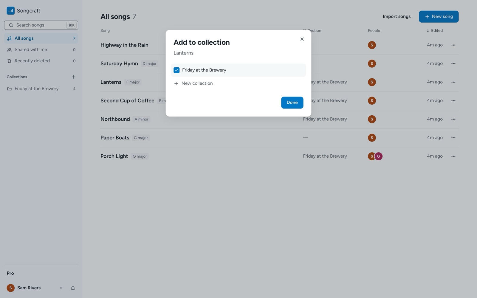 The Add to collection dialog with Friday at the Brewery checked