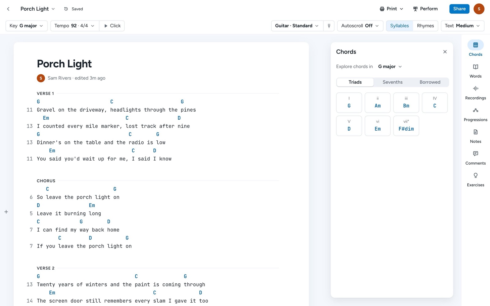 The Chords tool, with the chords of G major as cards