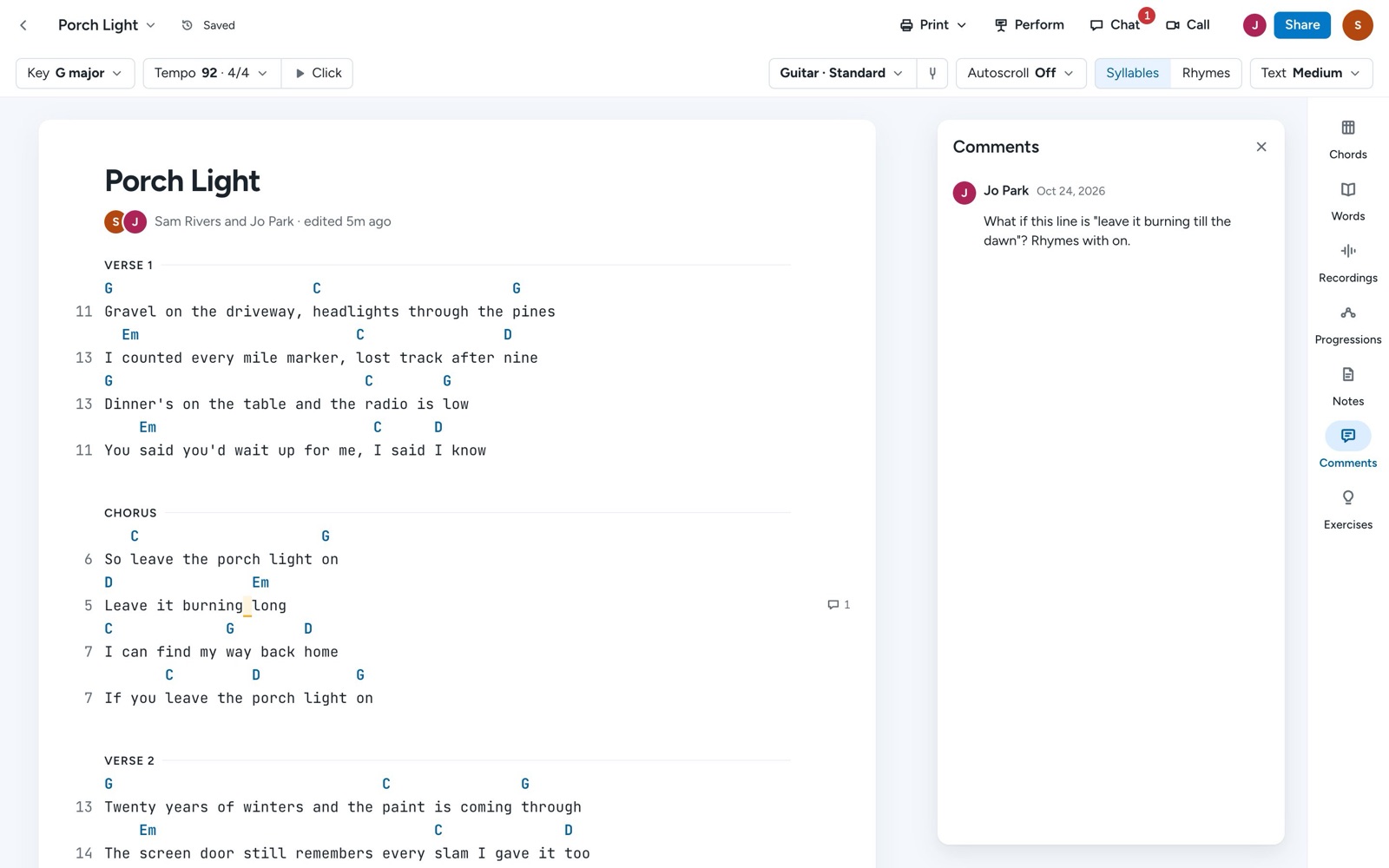 A song with the Comments tool open, showing a co-writer's suggestion for a line