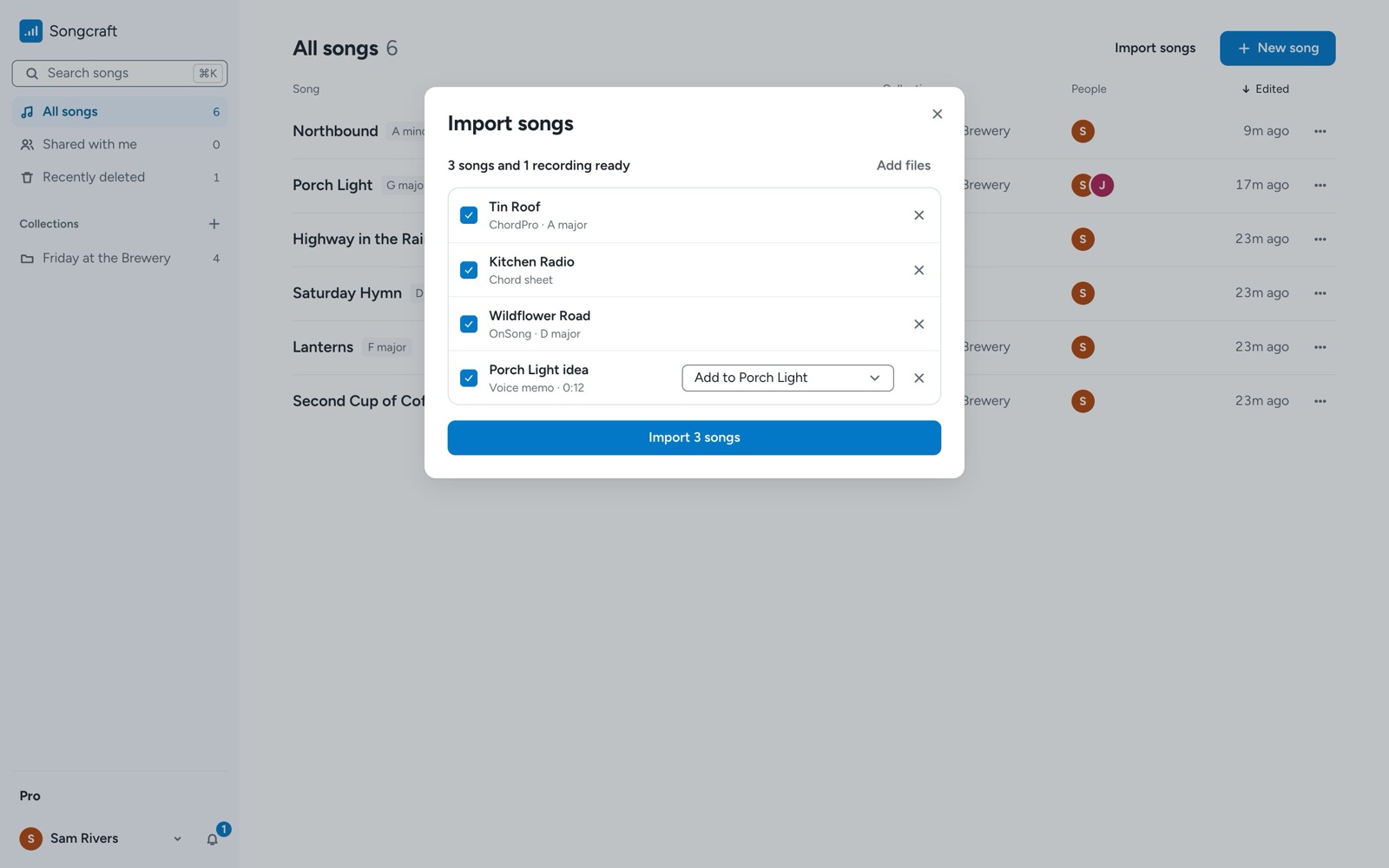 The Import songs dialog with three songs and a voice memo ready, and the Import 3 songs button