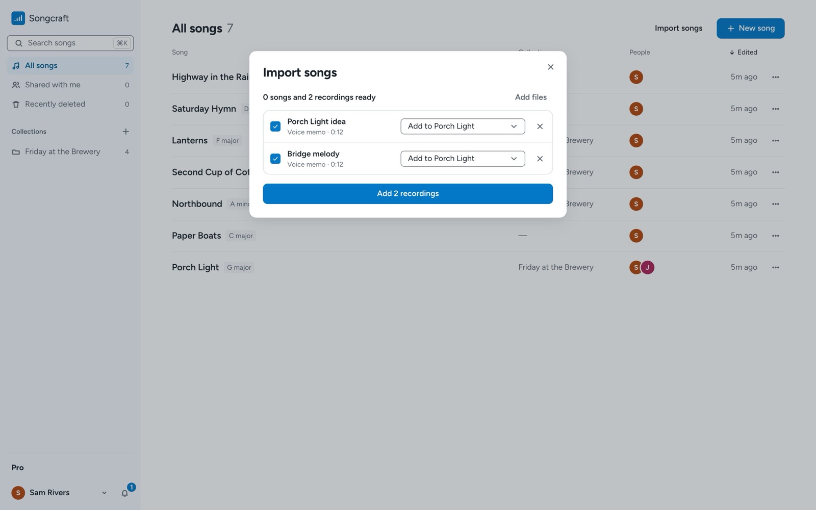 A voice memo in the import list, set to Add to Porch Light