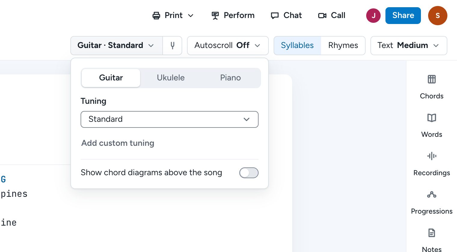 The instrument settings, with Guitar, Ukulele, and Piano, the tuning, and Show chord diagrams above the song