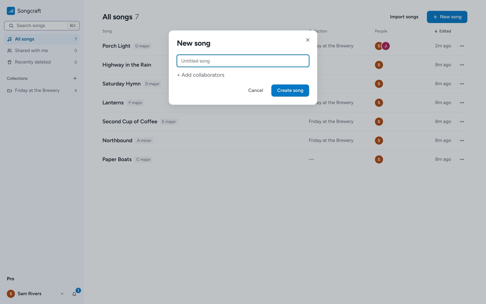 The New song dialog, with a name field, Add collaborators, and the Create song button