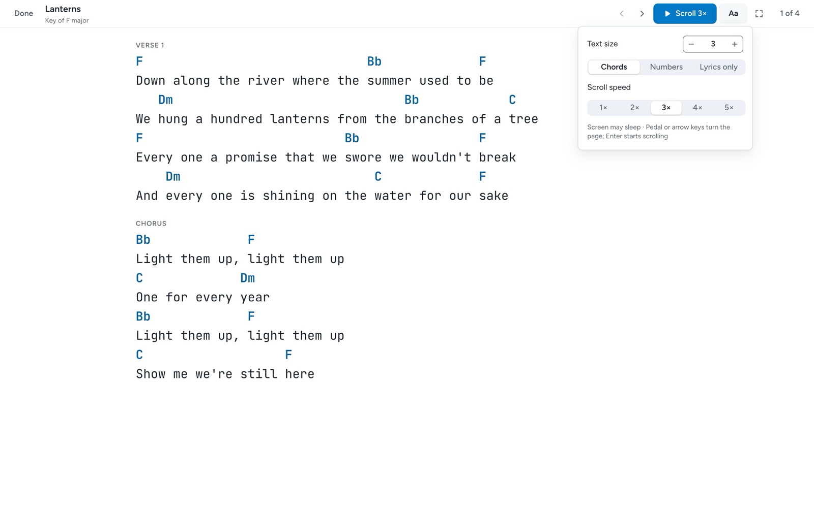 The display settings in Perform: Text size, Chords, Numbers, and Lyrics only, and Scroll speed