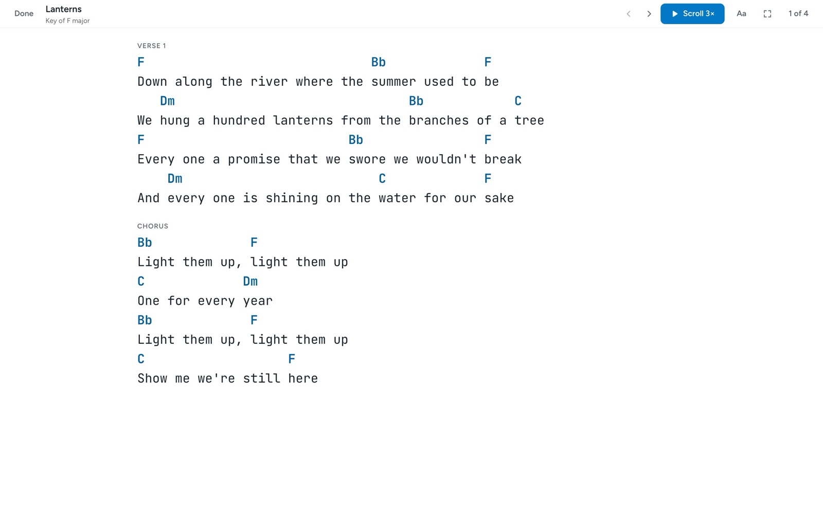 A song in Perform, with large chords and lyrics, the Scroll button, and the song's place in the set