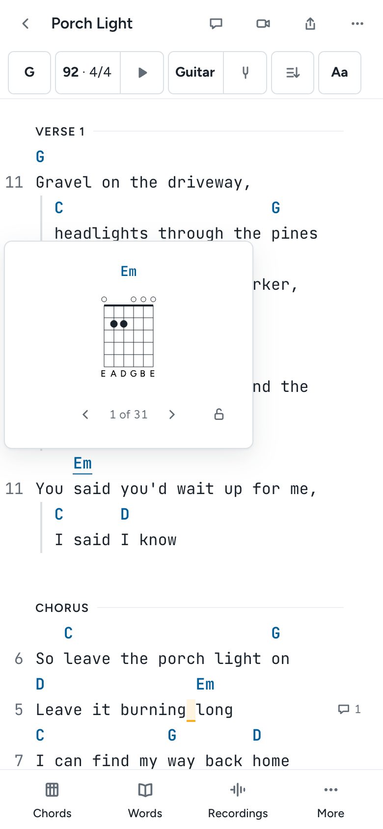 A chord chart for Em on a phone, opened by tapping the chord