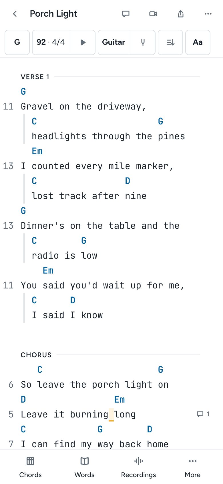 A song on a phone, with the music bar at the top, wrapped lines that keep their chords, and the tools along the bottom
