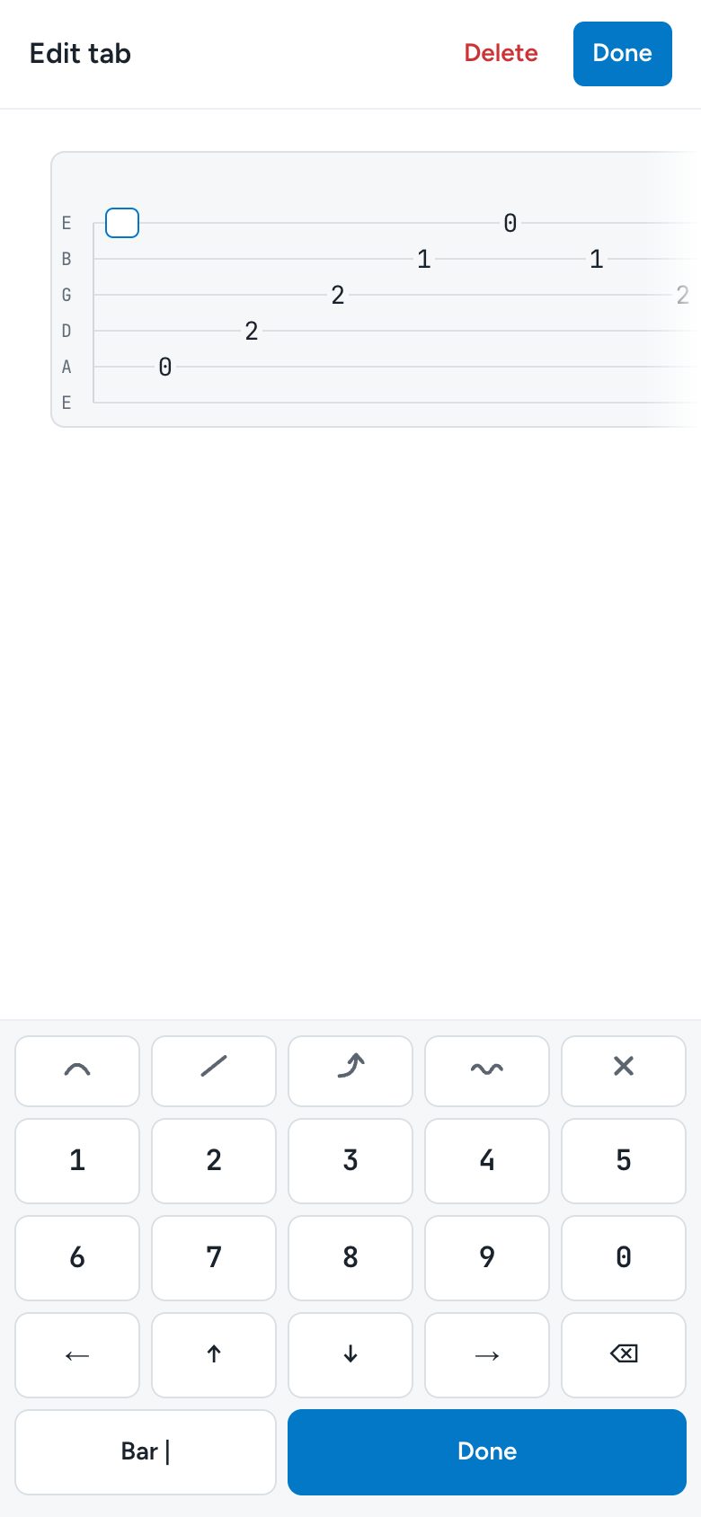 The Edit tab screen on a phone, with a tab above and the fret keypad below