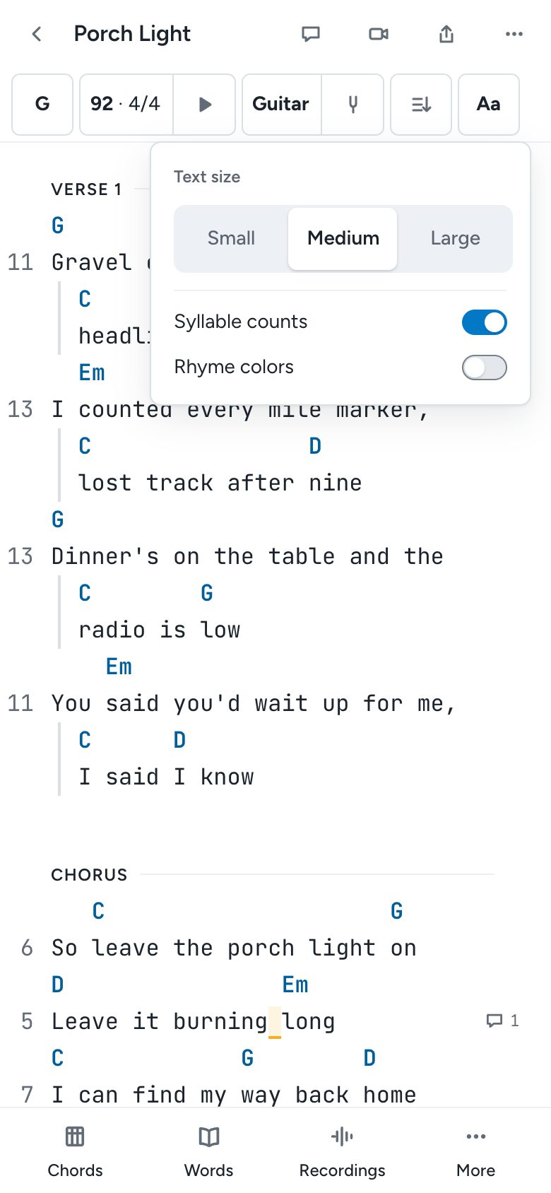 The view settings on a phone: Text size, Syllable counts, and Rhyme colors