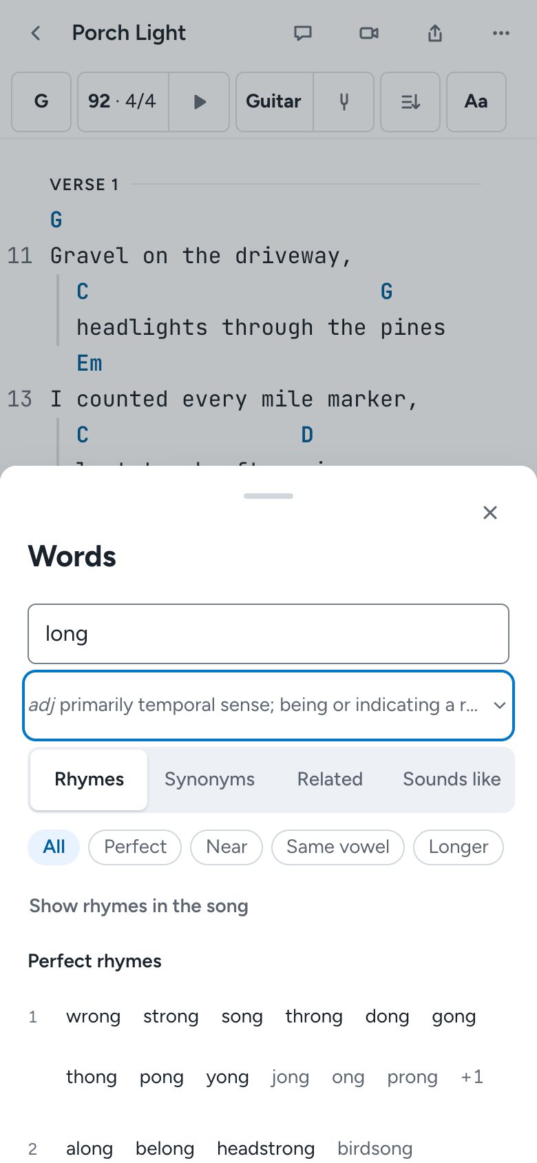 The Words tool open in a sheet on a phone, with rhymes for long