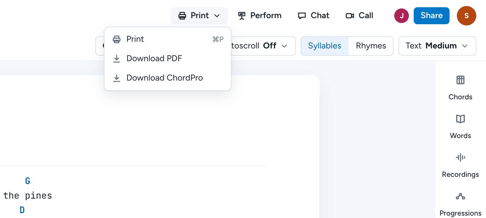 The Print menu in a song's top bar, with Print, Download PDF, and Download ChordPro