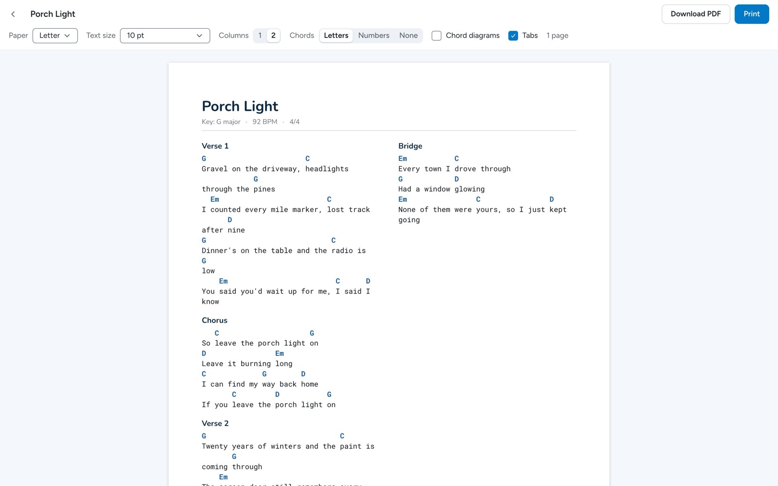 The print preview of a song in two columns, with the Paper, Text size, Columns, Chords, Chord diagrams, and Tabs settings