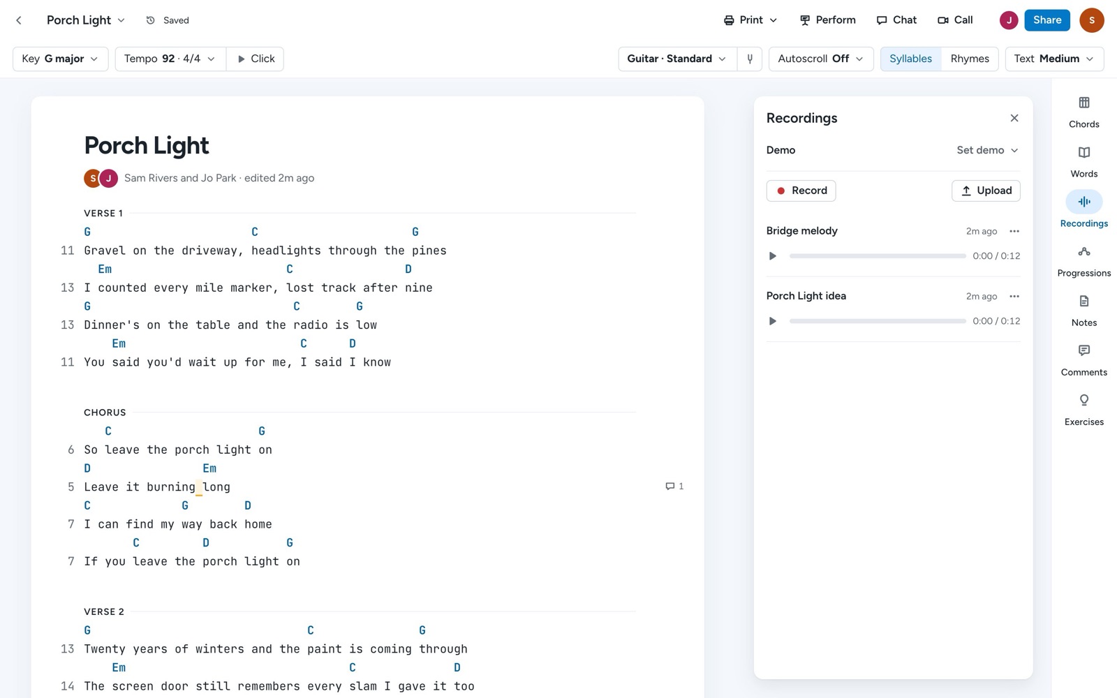 The Recordings tool beside a song, with Record, Upload, and two recordings