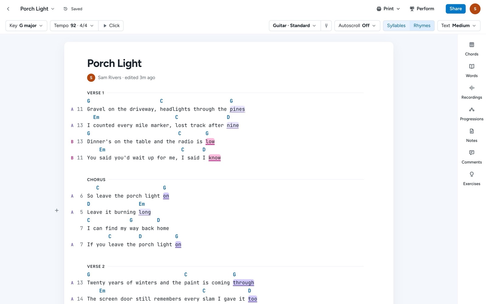 A song with rhyme colors on: matching line endings are highlighted, with rhyme scheme letters beside the lines