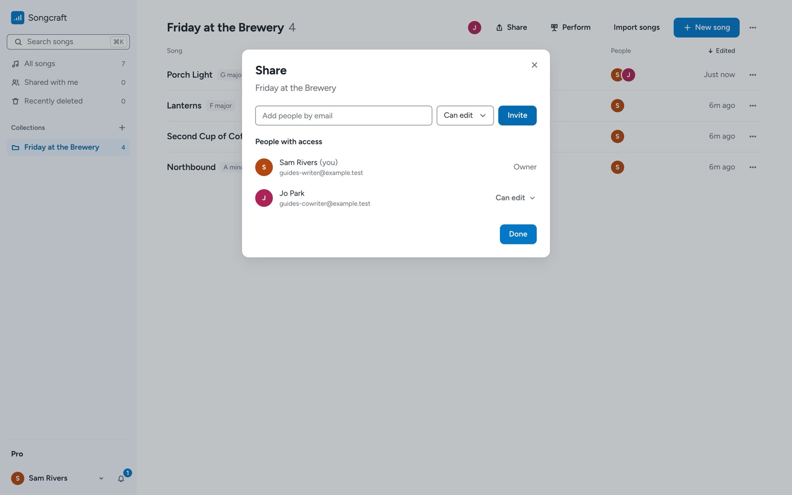 The Share dialog for a collection, with the email field, the role menu, and the list of people with access