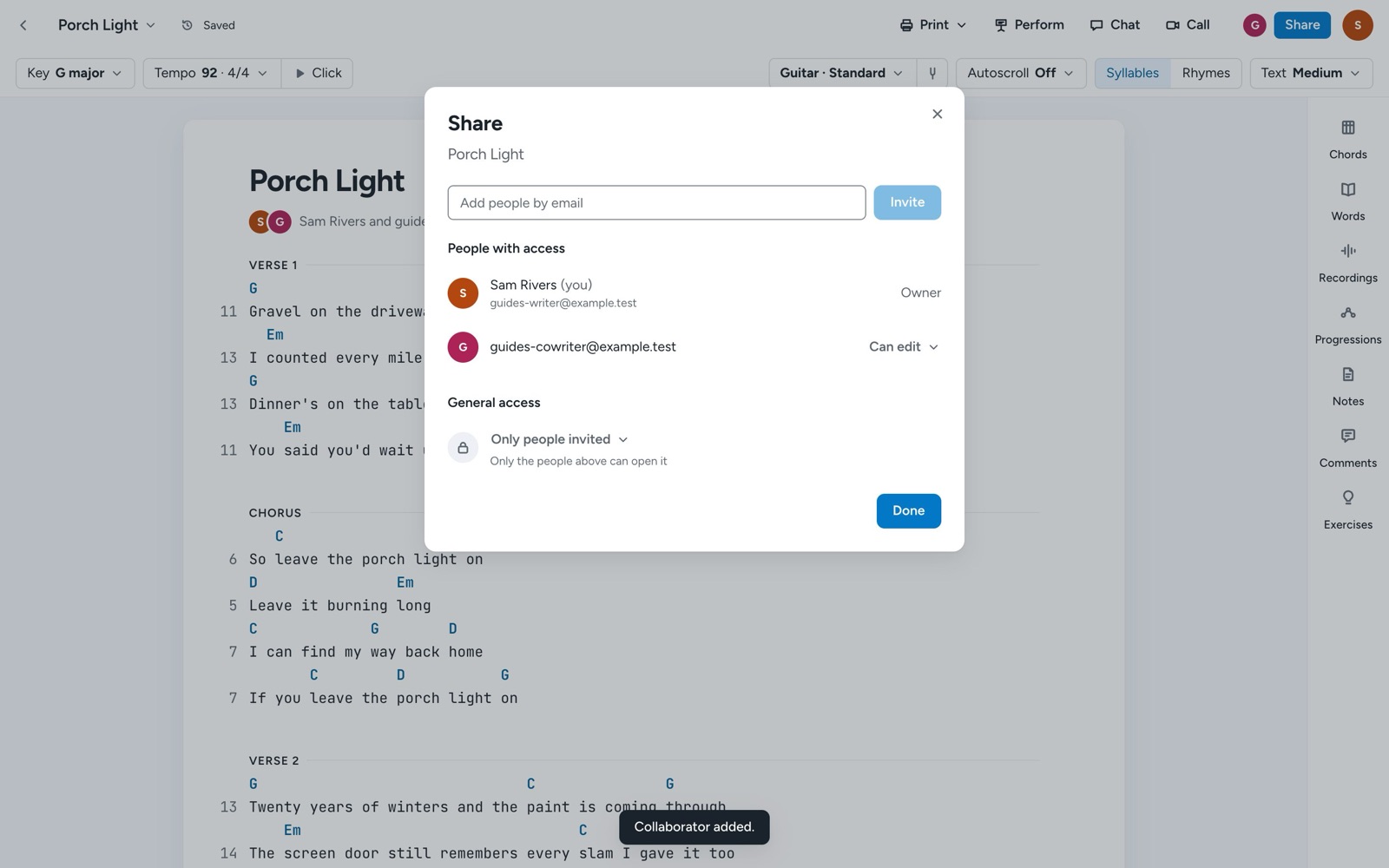 The Share dialog for a song, with Add people by email, the people with access, and General access