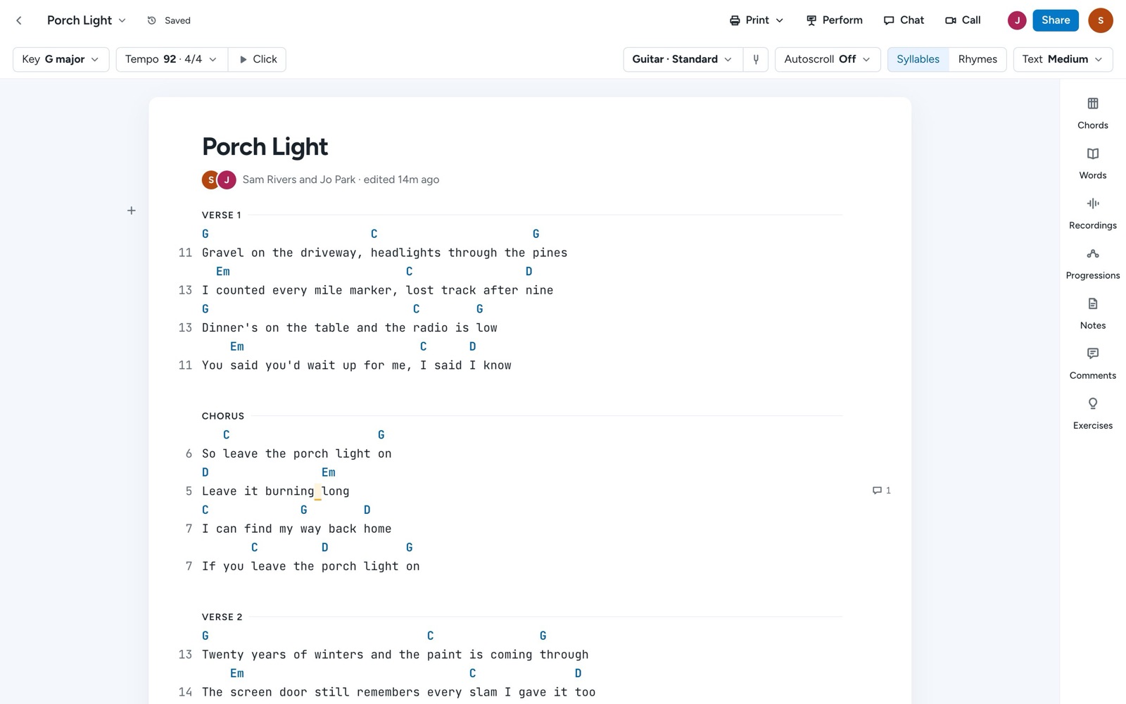 A song open in Songcraft, with sections, chords above the lyrics, syllable counts, and the tools down the right side